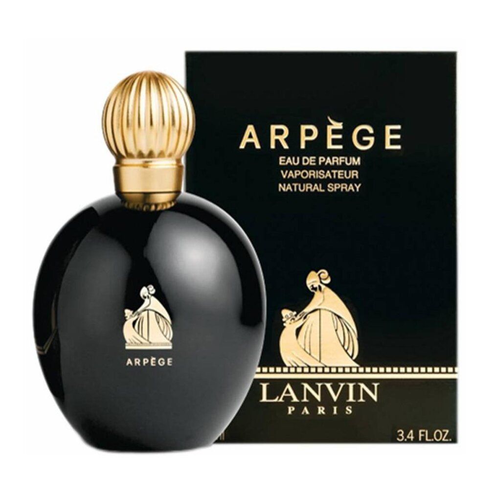 Schwarzer Flakon und Schachtel von Arpège Eau de Parfum Spray. Goldfarbene Schrift und Verzierung. 100 ml.