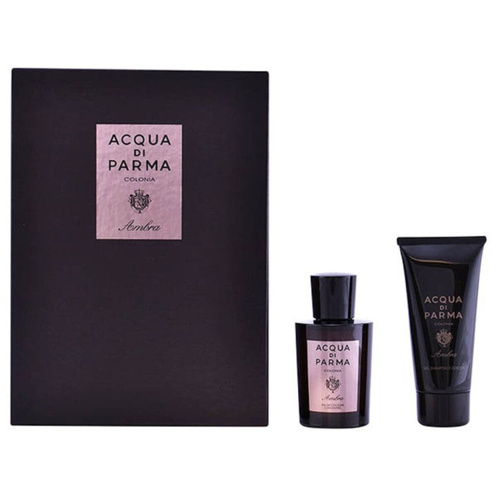 Geschenkset mit Flakon, Duschgel und Box. Aufschrift: Acqua di Parma Colonia Ambra.