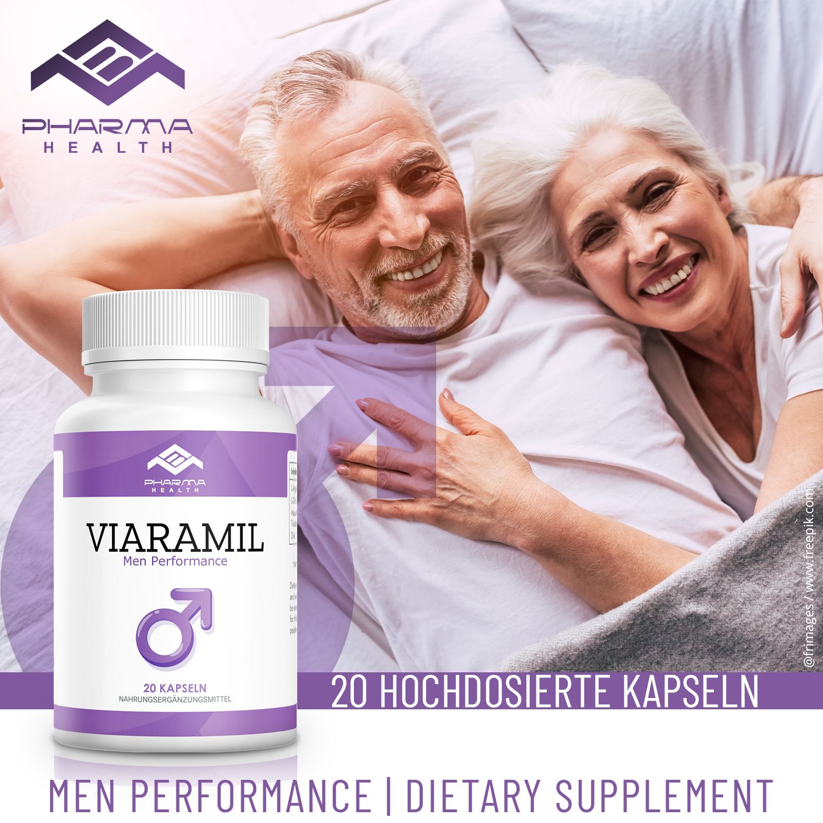 Viaramil Men Performance Flasche. Lila und weiße Flasche mit Text und Logo. Paar im Bett. 20 hochdosierte Kapseln.