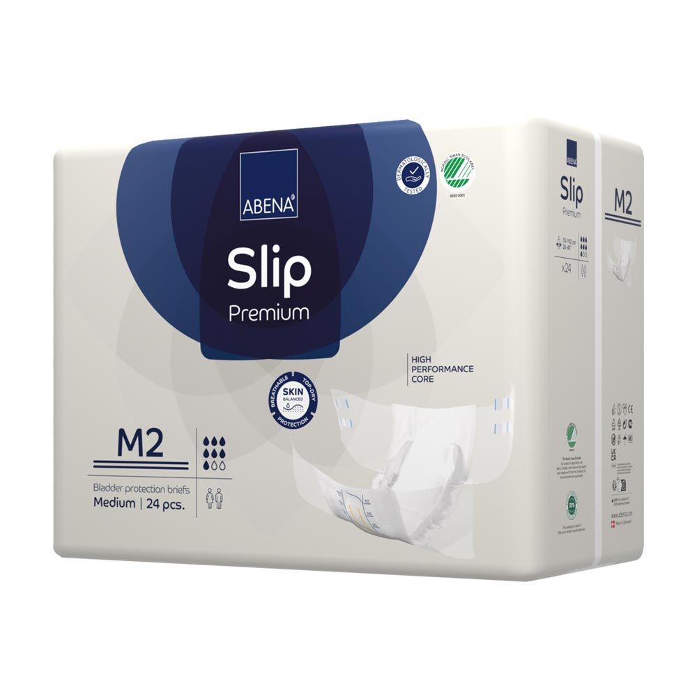 ABENA Slip Premium Packung, M2. Produktbezeichnung und Logo sichtbar. Mit Skin-Logo und Qualitätszeichen.