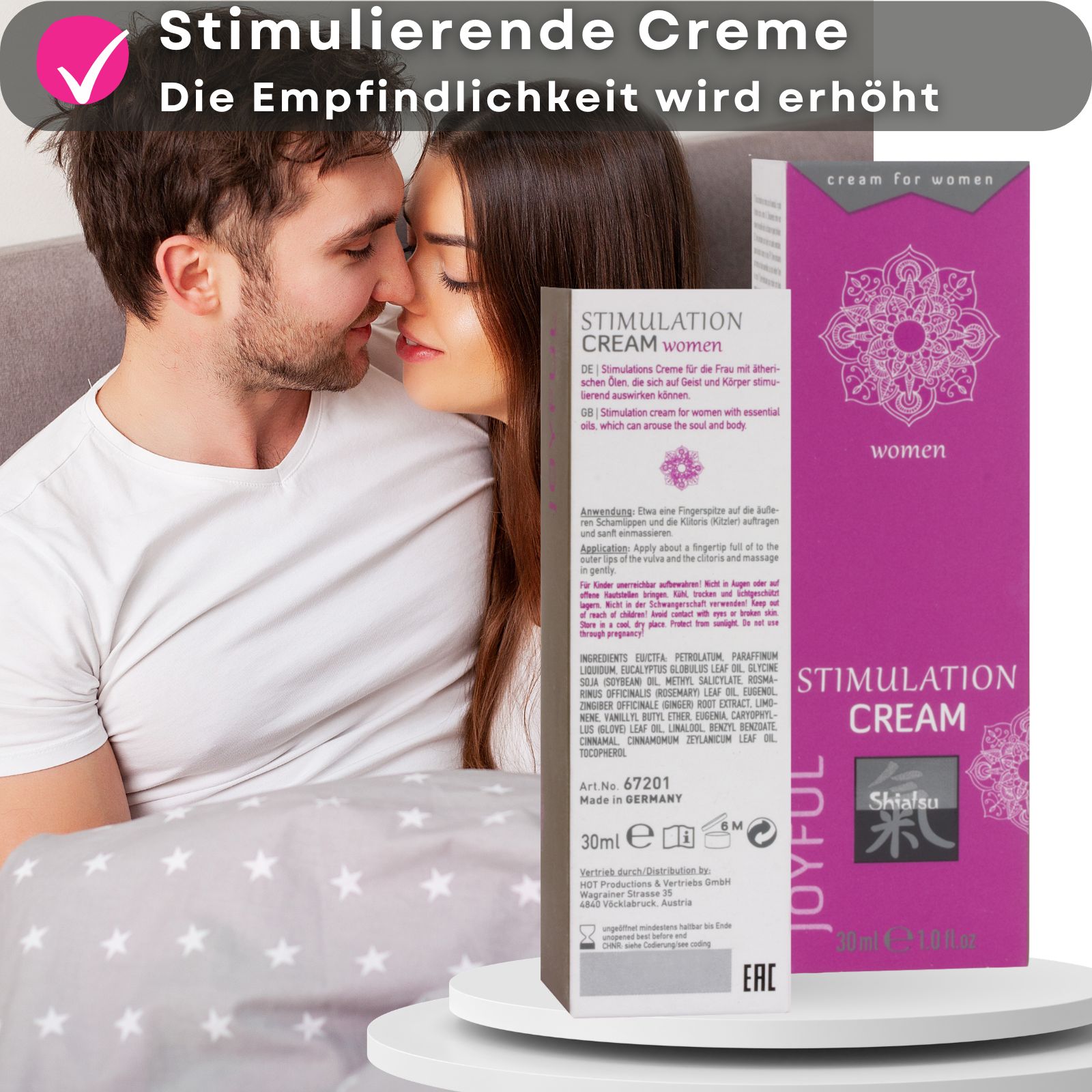 Rosa Tube. Text: Stimulation Cream, Shiatsu, Joyful, 30ml. Paar im Hintergrund.