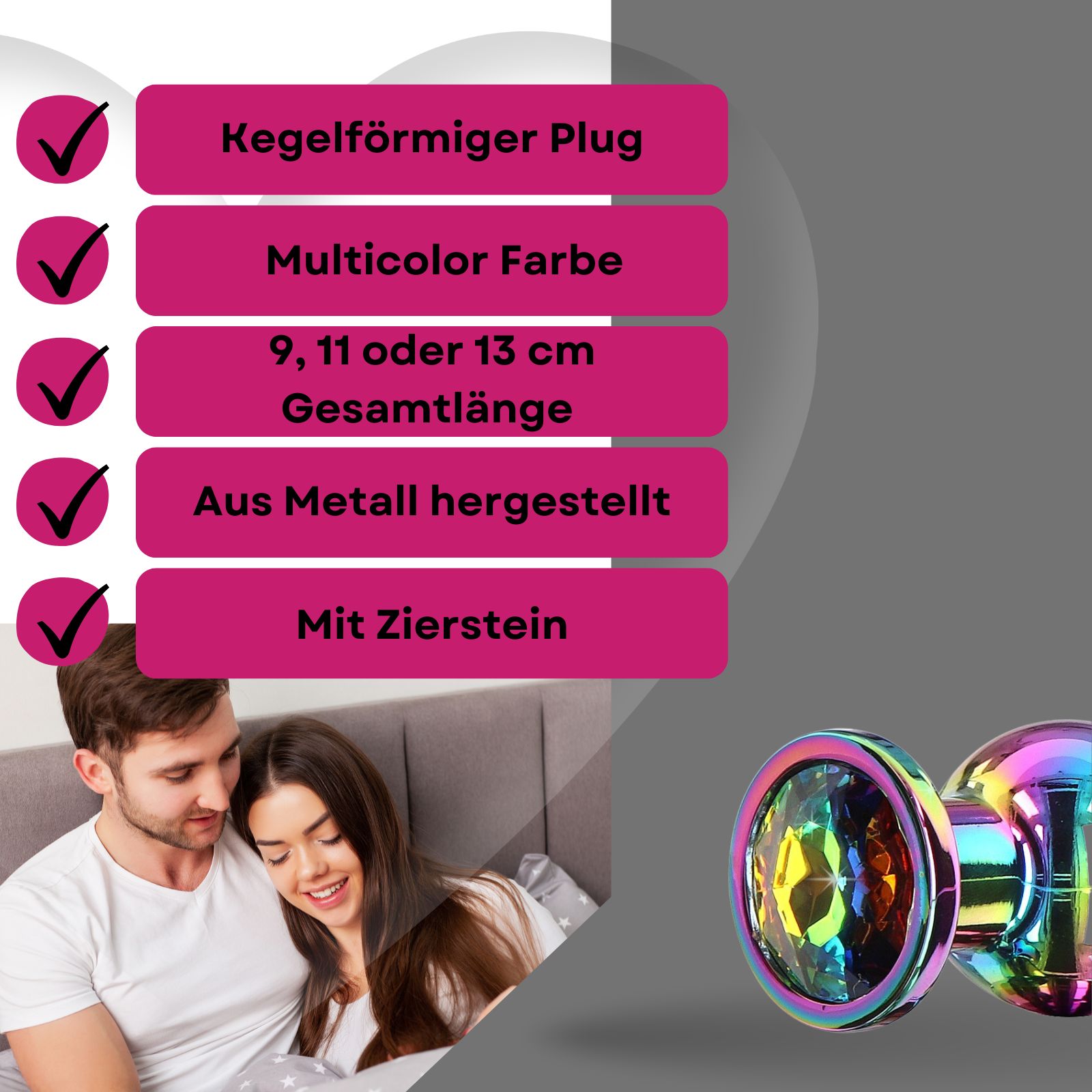 Kegelförmiger Plug, Multicolor, 9, 11 oder 13 cm lang, Metall, Zierstein. Paar im Hintergrund.
