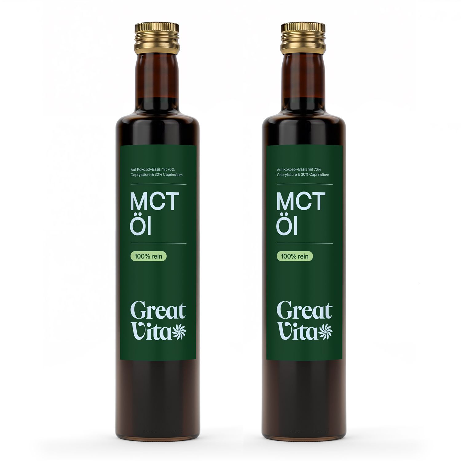 Zwei braune Glasflaschen mit grünen Etiketten. Aufschrift: MCT Öl, Great Vita. Goldfarbene Verschlüsse.