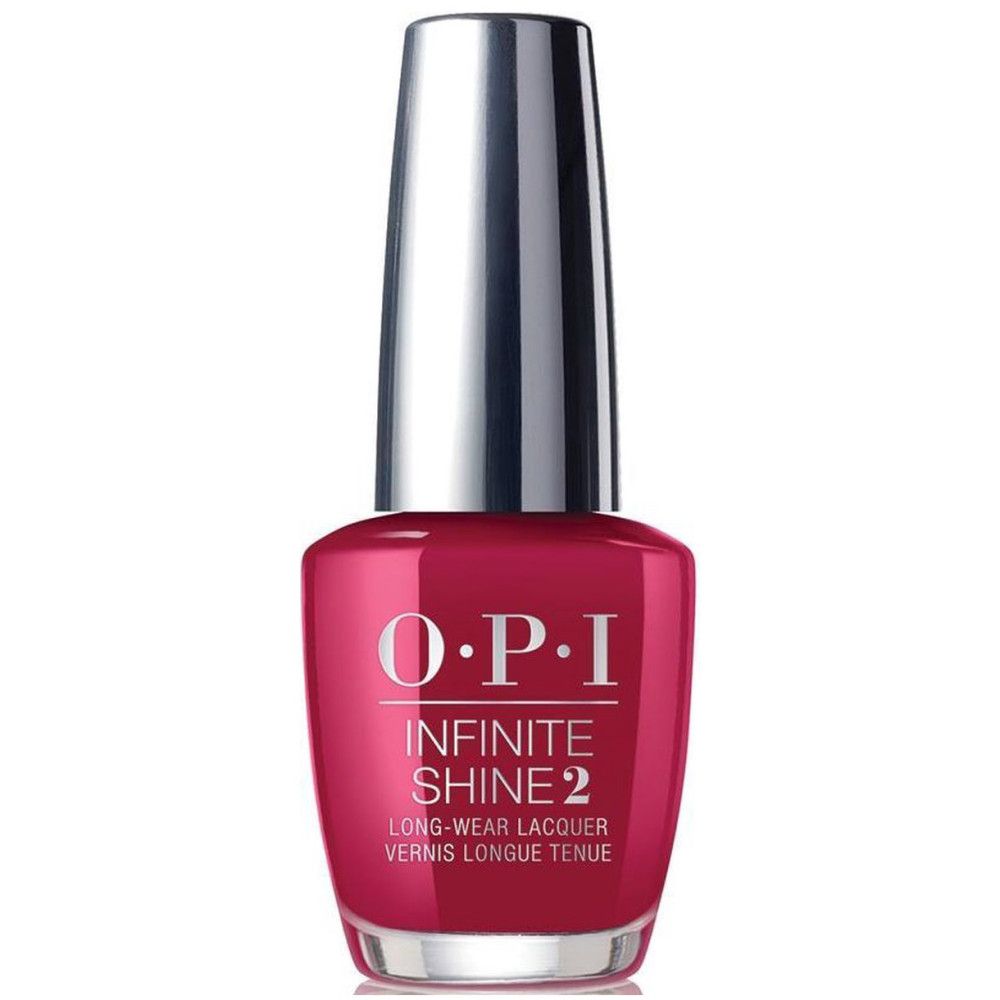 Nagellackflasche mit roter Farbe und silbernem Deckel. Auf der Flasche steht "O.P.I Infinite Shine 2".