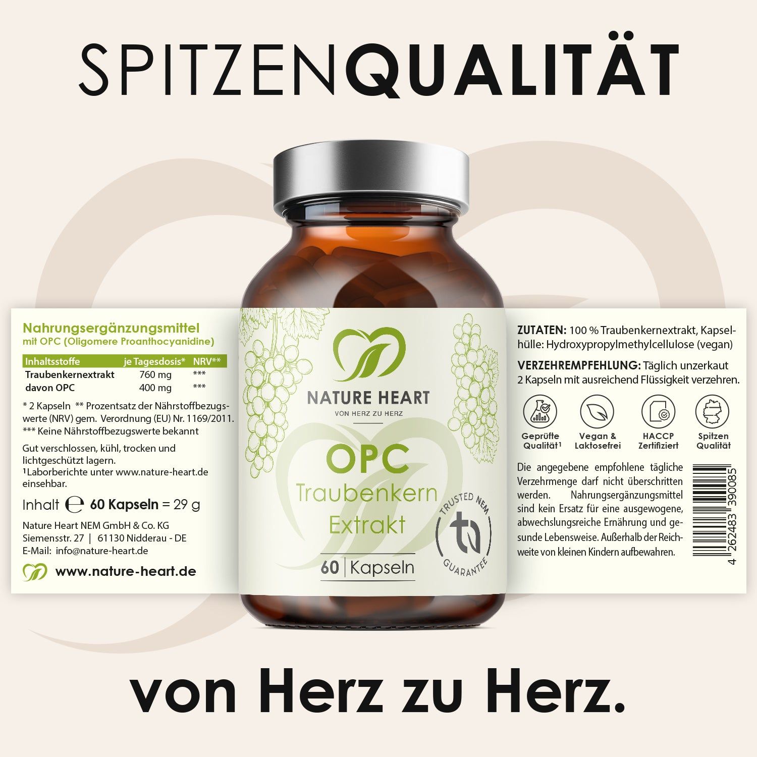 Etikett mit Informationen zu OPC Traubenkern Extrakt. Inhaltsstoffe, Nährwertangaben, Verzehrempfehlung. Logo: Nature Heart. 60 Kapseln.