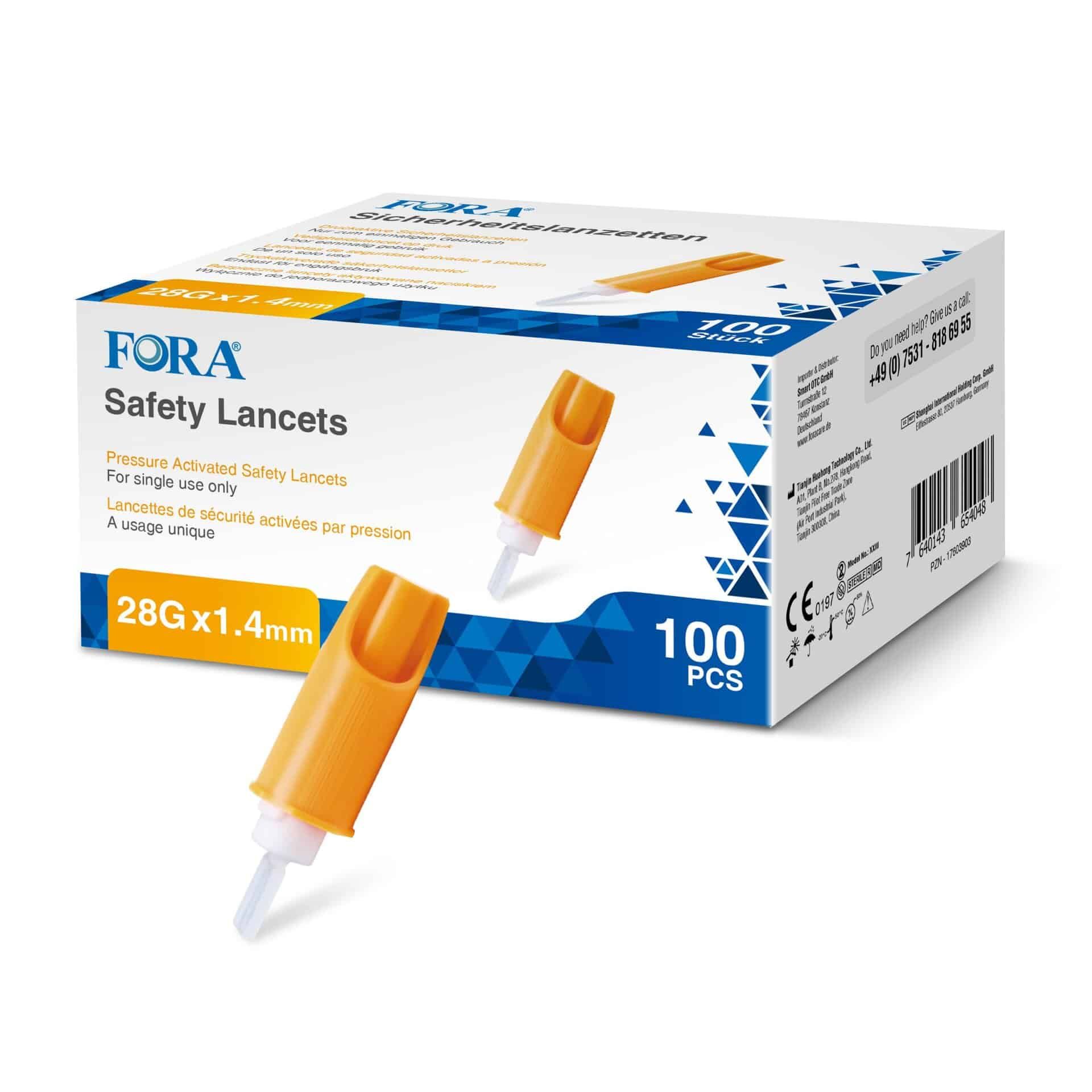 FORA Sicherheitslanzetten 28G x 1.4mm, steril. Eine Schachtel mit 100 Stück und zwei einzelne Lanzetten sind sichtbar.