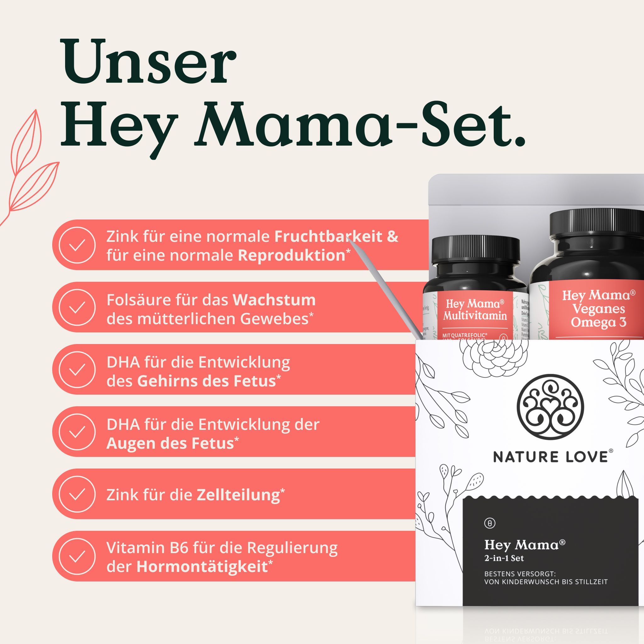 Hey Mama-Set mit zwei Flaschen. Aufzählung von Vorteilen: Zink, Folsäure, DHA, etc. Verpackung mit NATURE LOVE® Logo.