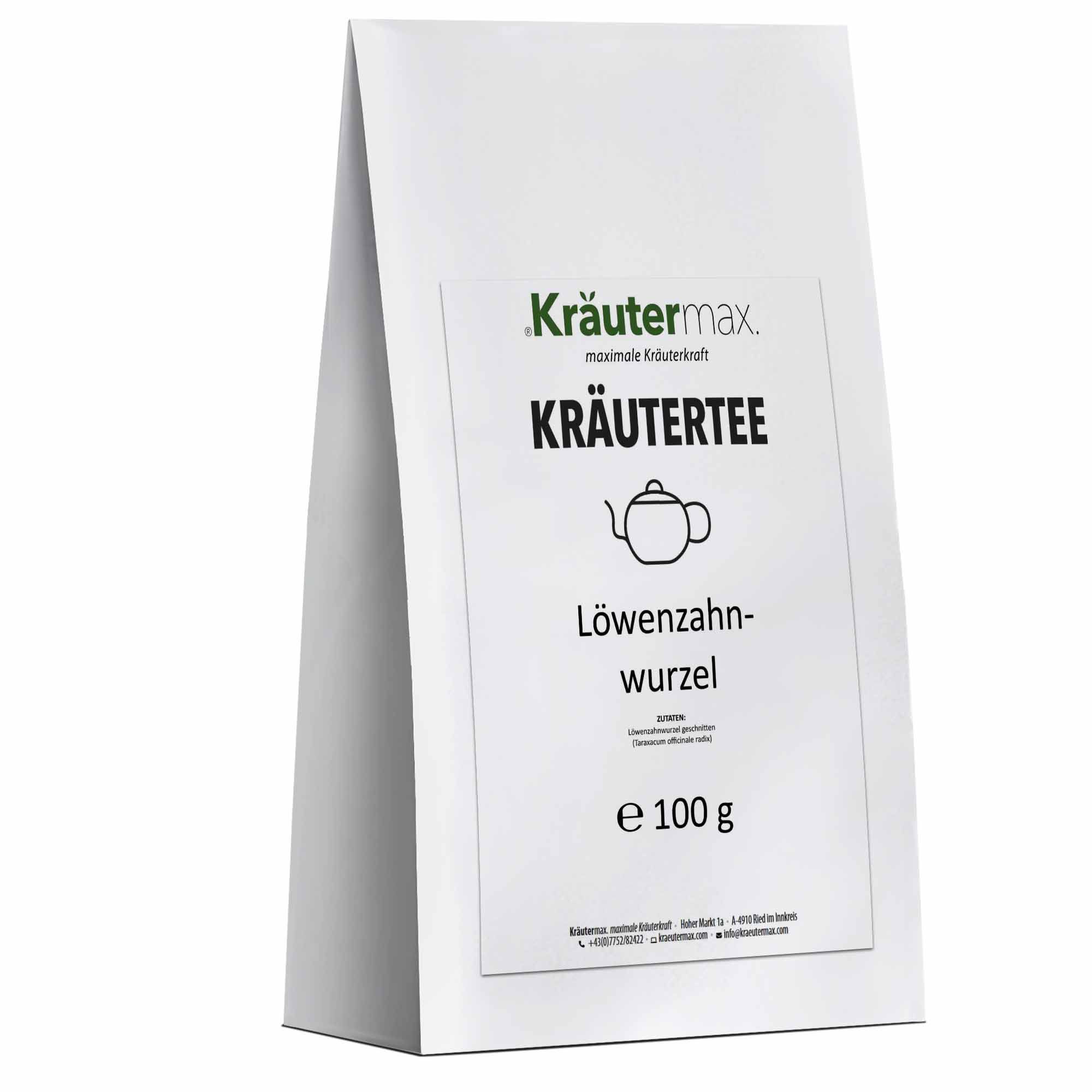 Weiße Verpackung mit Kräutertee-Etikett. Aufschrift: Kräutermax Kräutertee Löwenzahnwurzel. Gewicht: e 100 g.