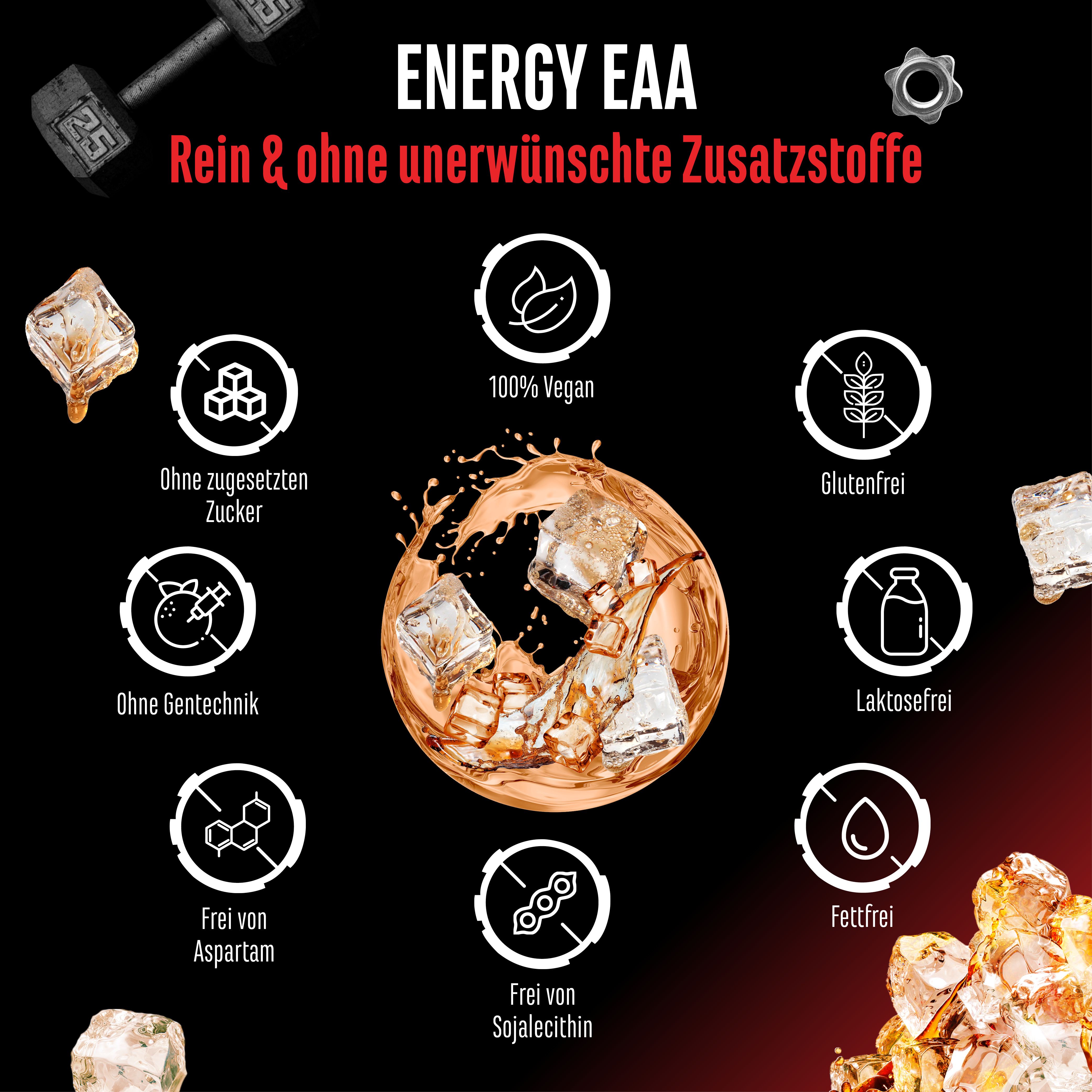 Infografik: "ENERGY EAA". Ohne Zucker, Gentechnik, Aspartam, Sojalecithin. 100% Vegan, glutenfrei, laktosefrei, fettfrei.