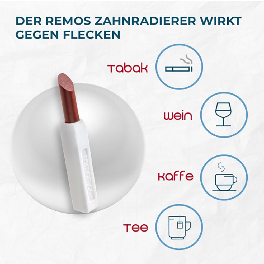 REMOS Zahnradierer wirkt gegen Flecken von Tabak, Wein, Kaffee und Tee. Einfache Anwendung.