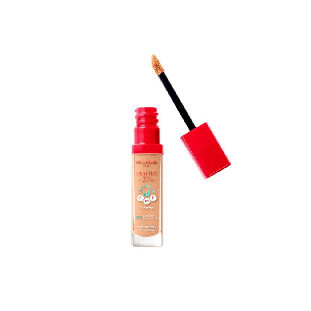 Concealer-Fläschchen mit rotem Deckel und Applikator. Aufschrift: Bourjois Healthy Mix Vitamines. Beige Farbton.