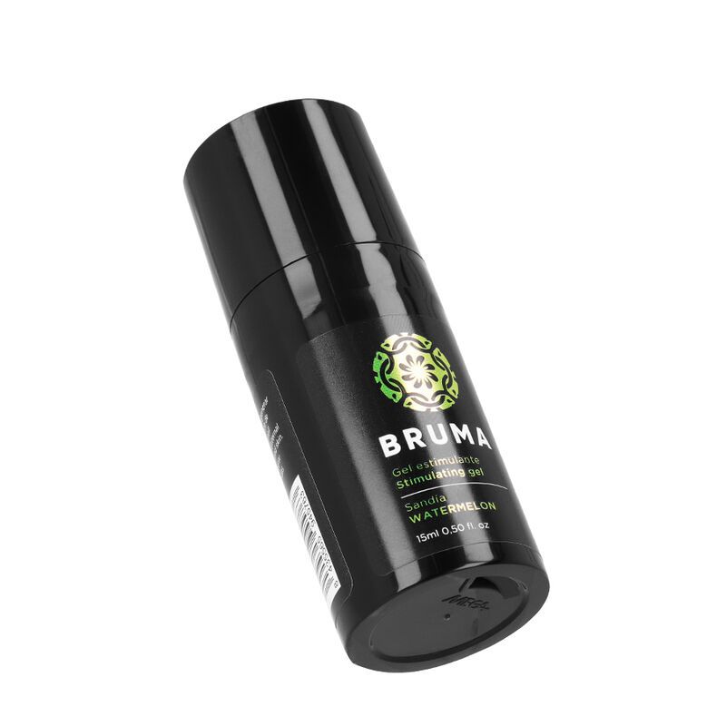 Schwarze Flasche, schräg. Text: Bruma, Gel estimulante, Wassermelone, 15ml.