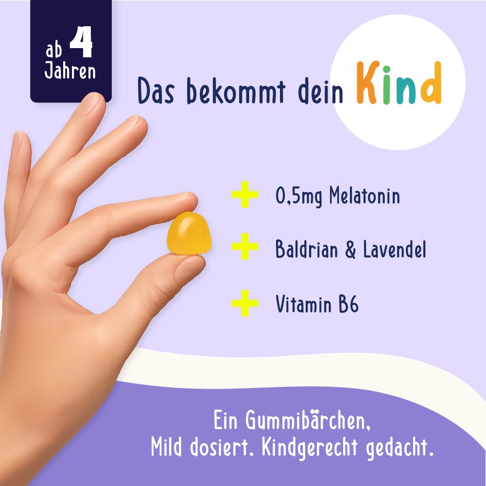 Hand hält ein gelbes Gummibärchen. Text: Ab 4 Jahren. Das bekommt dein Kind. Inhaltsstoffe: 0,5mg Melatonin, Baldrian & Lavendel, Vitamin B6.