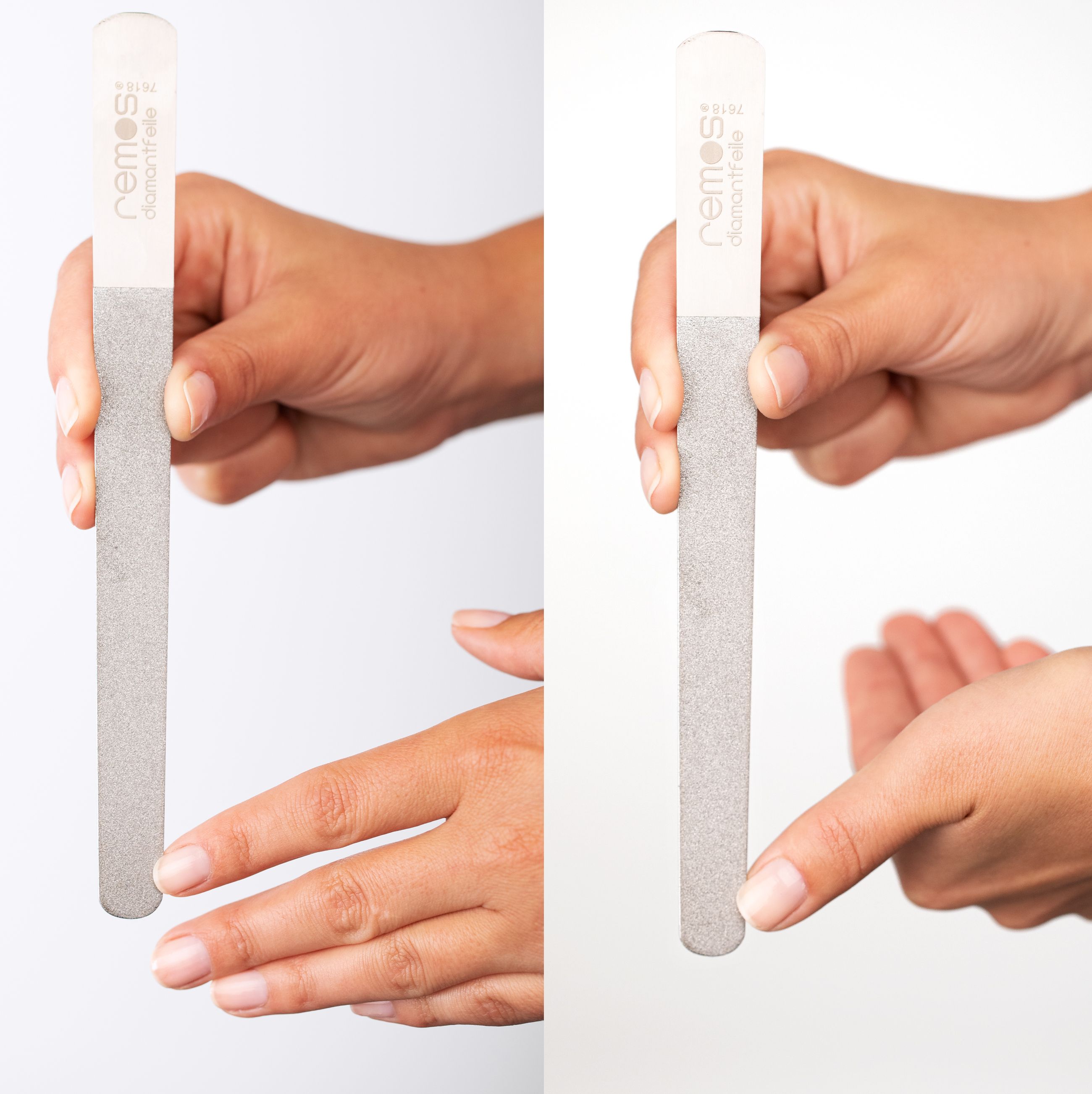 REMOS Diamantnagelfeile, sehr grob/fein, 20 cm. Person feilt Nägel, silberfarbene Feile mit Diamantbesatz.