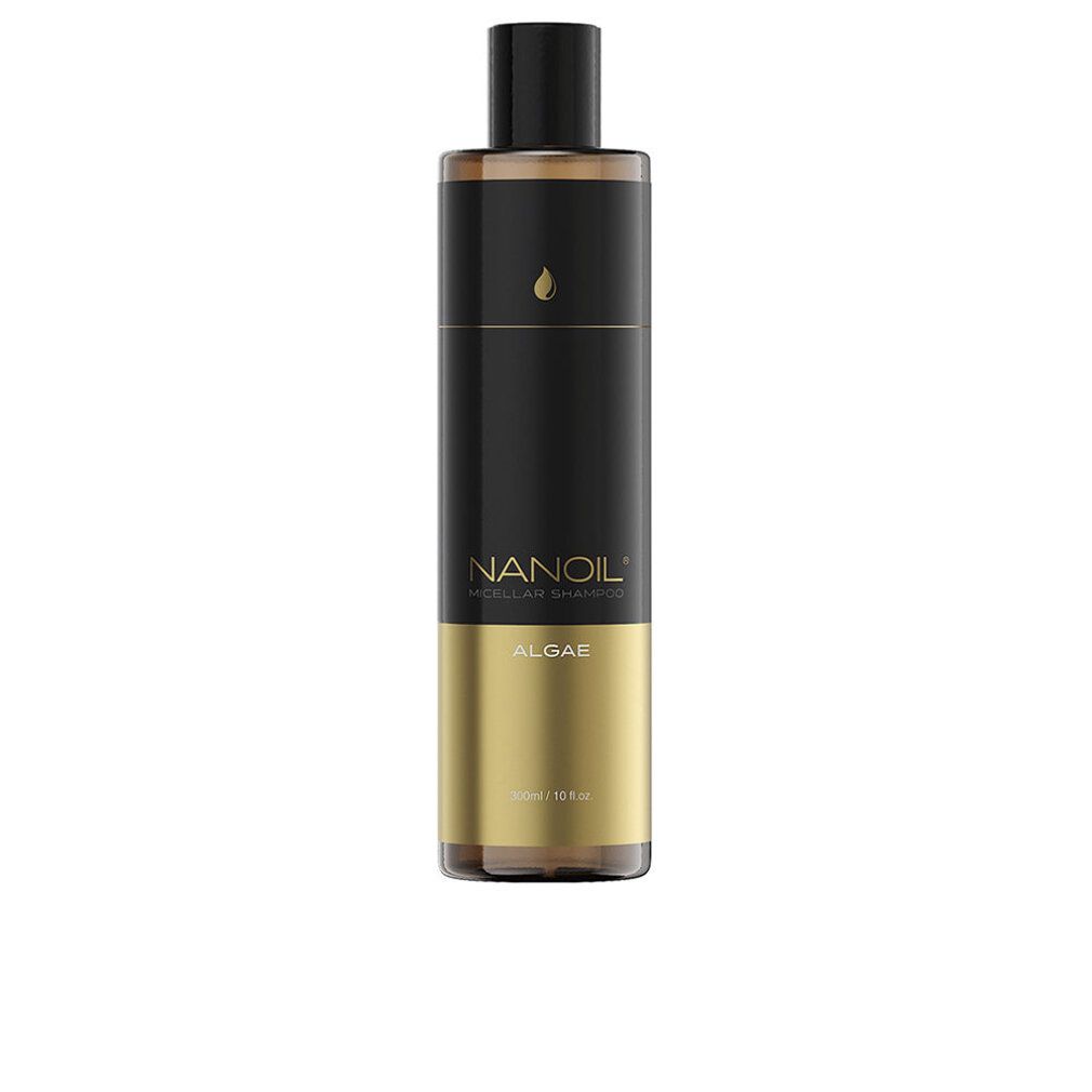 Flasche Micellar Shampoo. Schwarz-goldenes Design. Aufschrift: NANOIL, ALGAE.