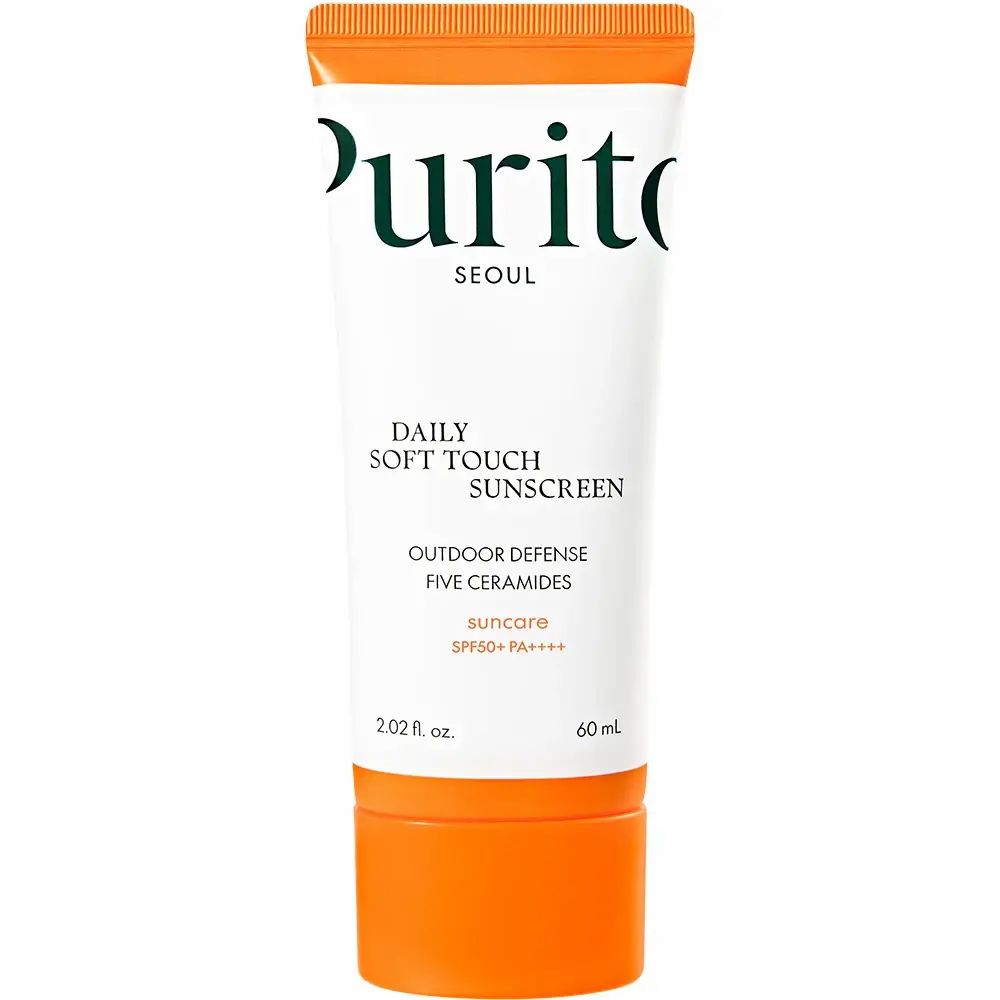 Weiße Tube mit orangefarbenem Deckel. Aufschrift: Purito, Seoul, Daily Soft Touch Sunscreen, SPF 50+ PA++++.