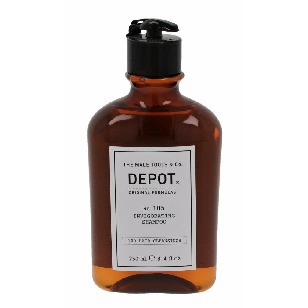 Braune Shampoo-Flasche mit schwarzem Pumpverschluss. Weißes Etikett mit Produktnamen und Text. 250 ml.