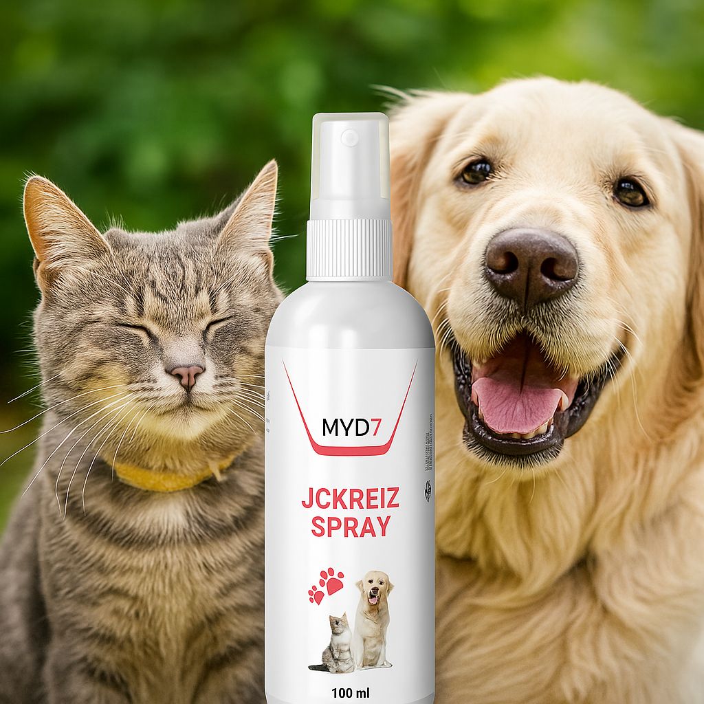 Weiße Sprühflasche mit roter und schwarzer Beschriftung. Aufdruck: MYD7, JCKREIZ SPRAY. Katze und Hund vor grünem Hintergrund. 100 ml.