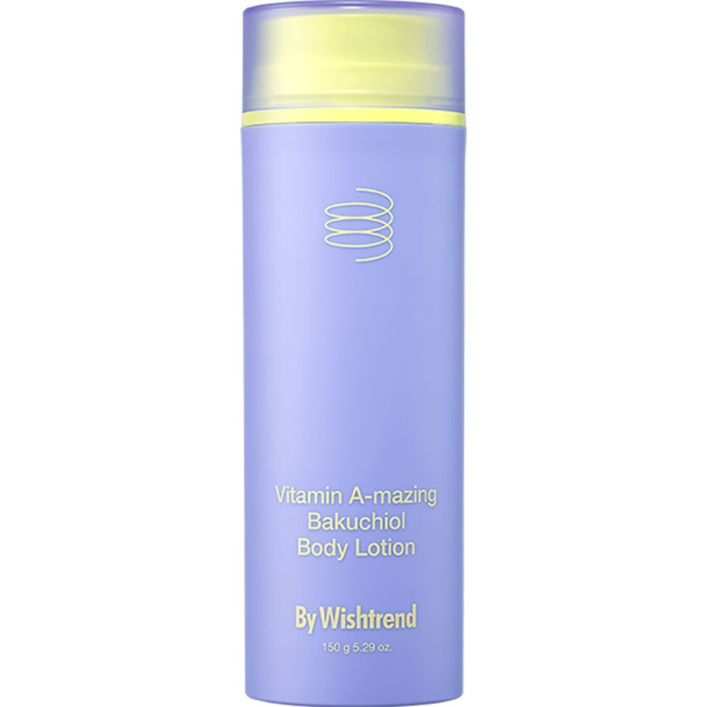Flasche By Wishtrend Vitamin A-mazing Bakuchiol Body Lotion. Lila Flasche mit gelbem Deckel. Text: Vitamin A-mazing Bakuchiol Body Lotion.