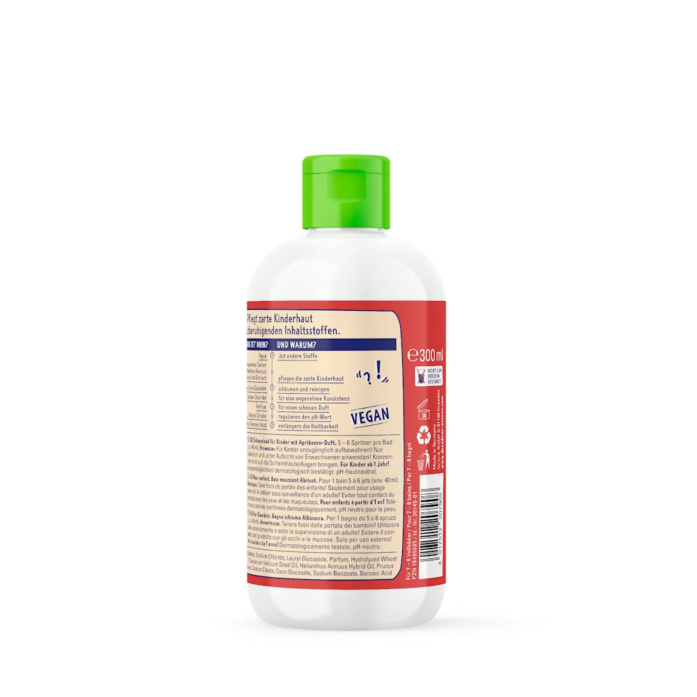 Rückseite einer weißen Flasche mit grünem Deckel. Etikett mit Inhaltsstoffen, Anwendungshinweisen und Vegan-Logo.