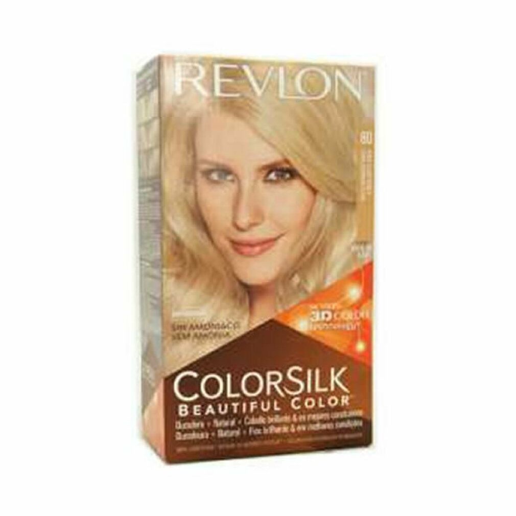 Haarfarbe-Packung. Marke Revlon, Produkt Colorsilk. Aufdruck: Light As Blonde. Frau mit blonden Haaren auf der Verpackung.