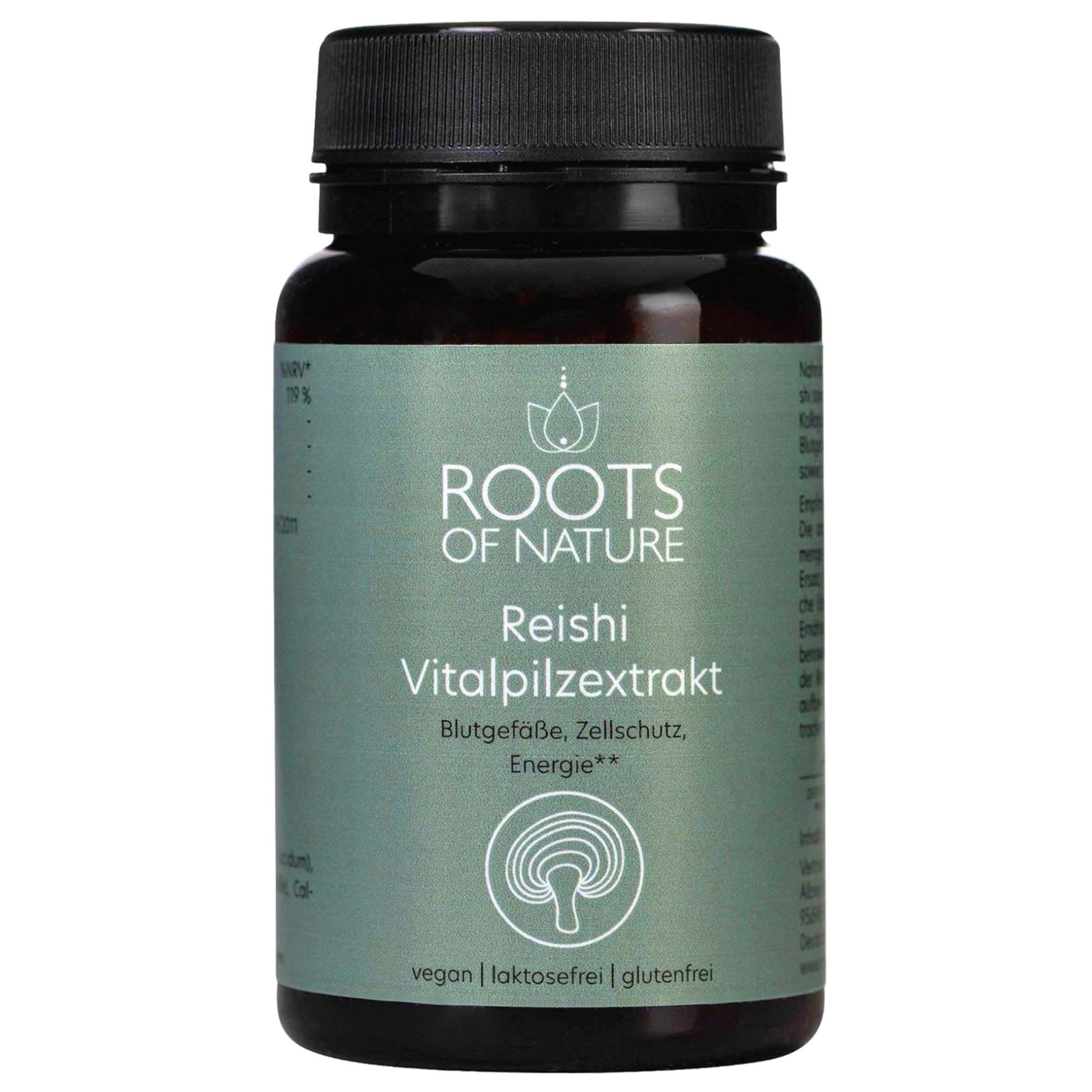 Braune Flasche mit schwarzem Deckel. Aufschrift: ROOTS OF NATURE, Reishi Vitalpilzextrakt. Vegan, laktosefrei, glutenfrei. Grünes Etikett.