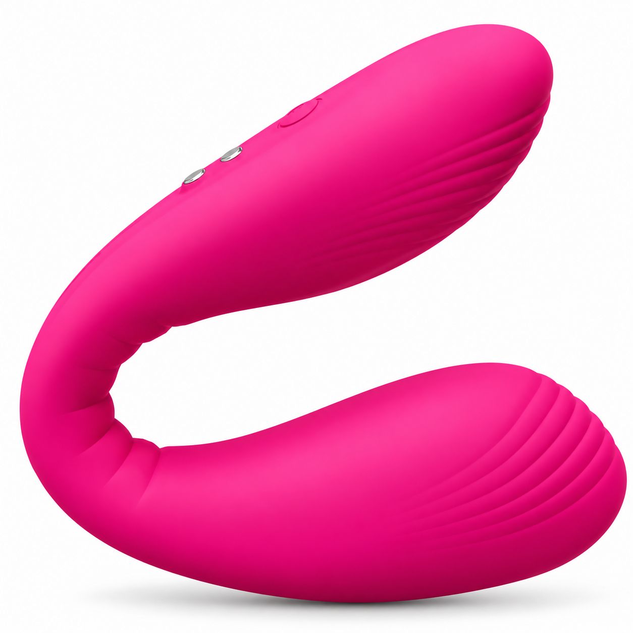 Ein pinker Vibrator in geschwungener Form mit Rillen und Bedienelementen.