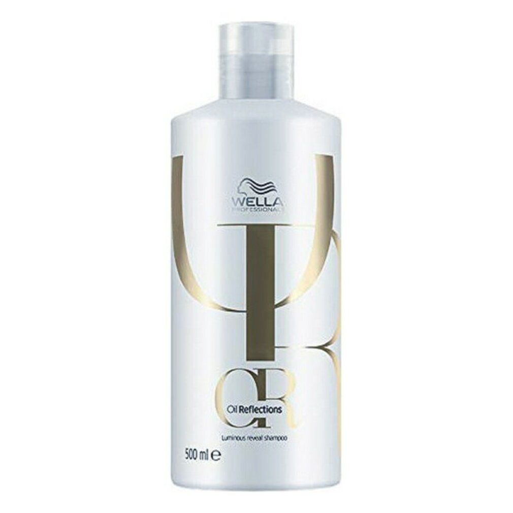 Weiße Shampoo-Flasche mit goldfarbenem Logo und Schriftzug. Aufschrift: Oil Reflections.