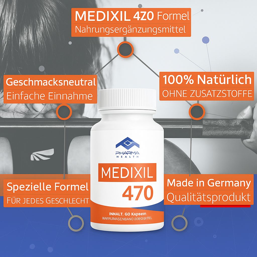 Weiße Flasche mit Kapseln, MEDIXIL 470. Pharma Health Logo. Text: Nahrungsergänzungsmittel, 100% natürlich, Made in Germany.