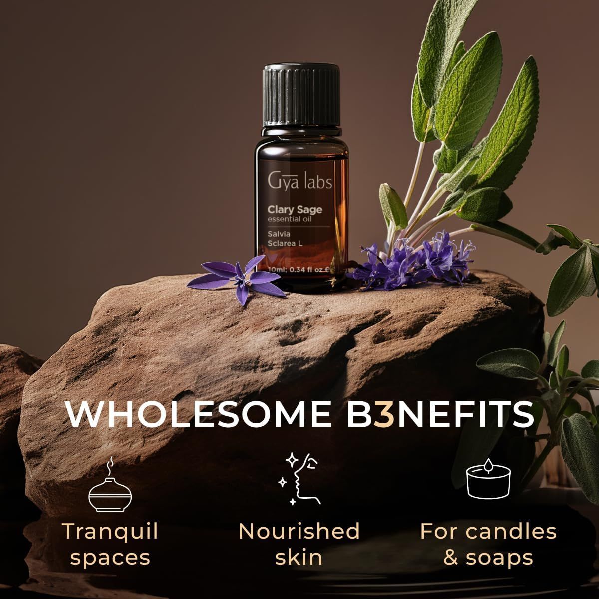 Braune Glasflasche mit schwarzem Deckel. Text: Gya Labs, Clary Sage essential oil. Auf Stein platziert. Text: Wholesome benefits.
