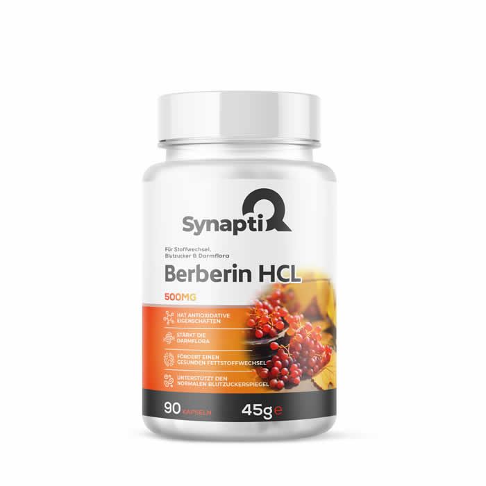 Weißes Pillenbehälter mit "SynaptiQ" und "Berberin HCL" Aufschrift. Orangefarbener Streifen mit Text und Illustrationen. 90 Kapseln.