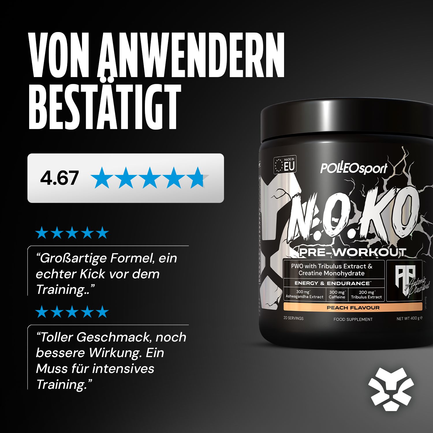 Dose N.O.KO Pre-Workout. Text: Von Anwendern bestätigt. 4.67 Sterne Bewertung. Inhaltsstoffe und Geschmacksrichtung Pfirsich. PolleoSport Logo.