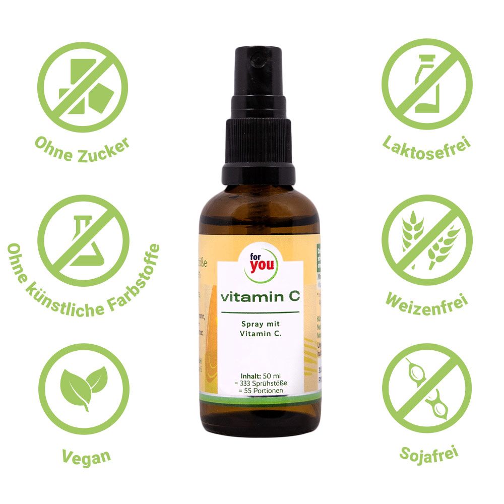 Braune Glasflasche mit Sprühkopf. Etikett mit "for you vitamin C". Grün-weiße Symbole: zuckerfrei, laktosefrei, glutenfrei, sojafrei, vegan.