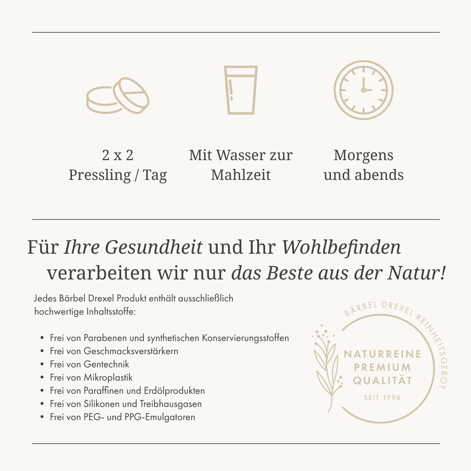 Grafik mit Einnahmeempfehlung: 2x2 Presslinge pro Tag, mit Wasser zur Mahlzeit, morgens und abends. Text über Gesundheit.