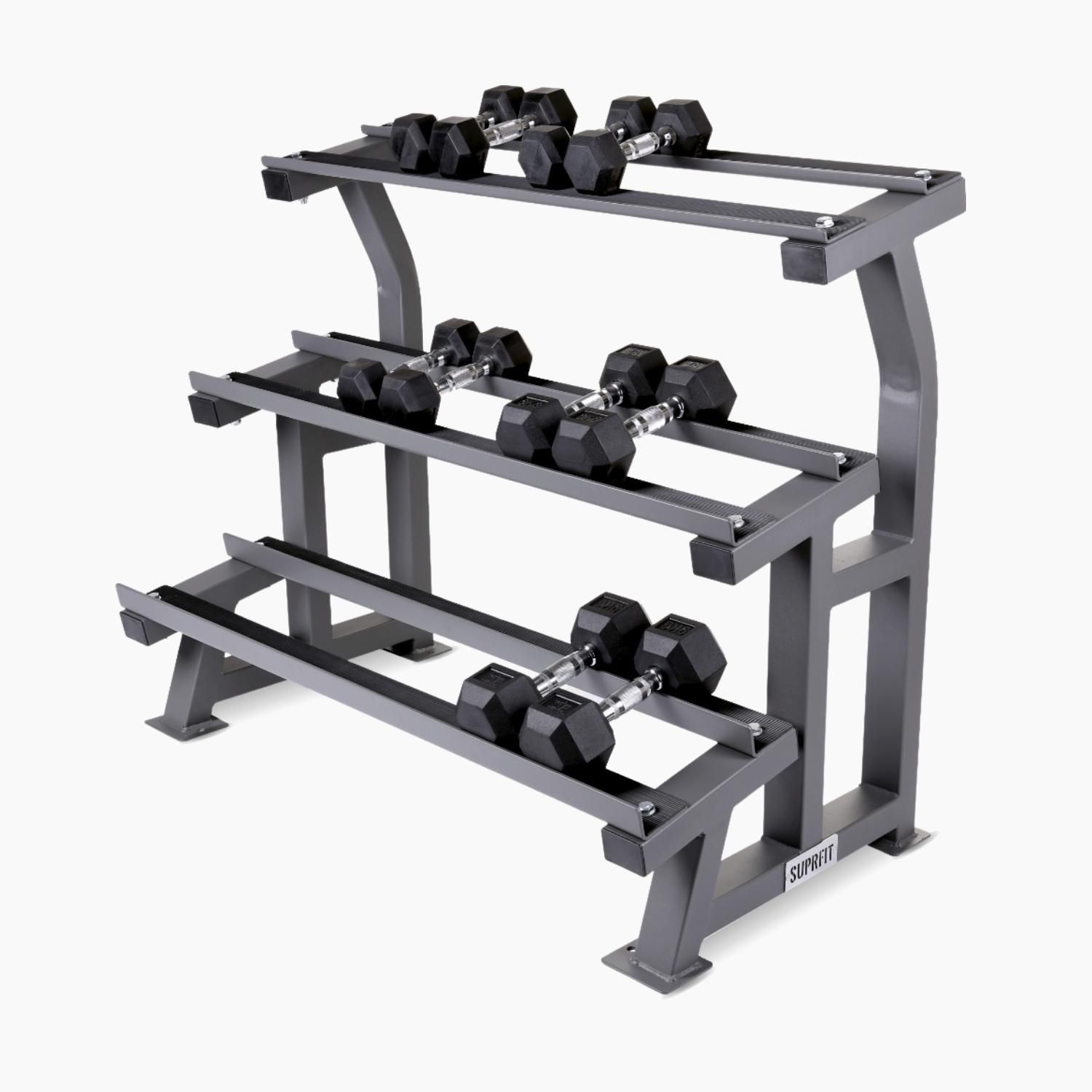 Graue Kurzhantelablage mit drei Ebenen, bestückt mit Kurzhanteln. Metallkonstruktion. Eckige Form, für Fitnessstudio.