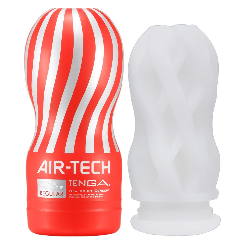 Roter, zylindrischer Gegenstand mit weißen Streifen und weißem Innenobjekt. Aufschrift: AIR-TECH, TENGA.