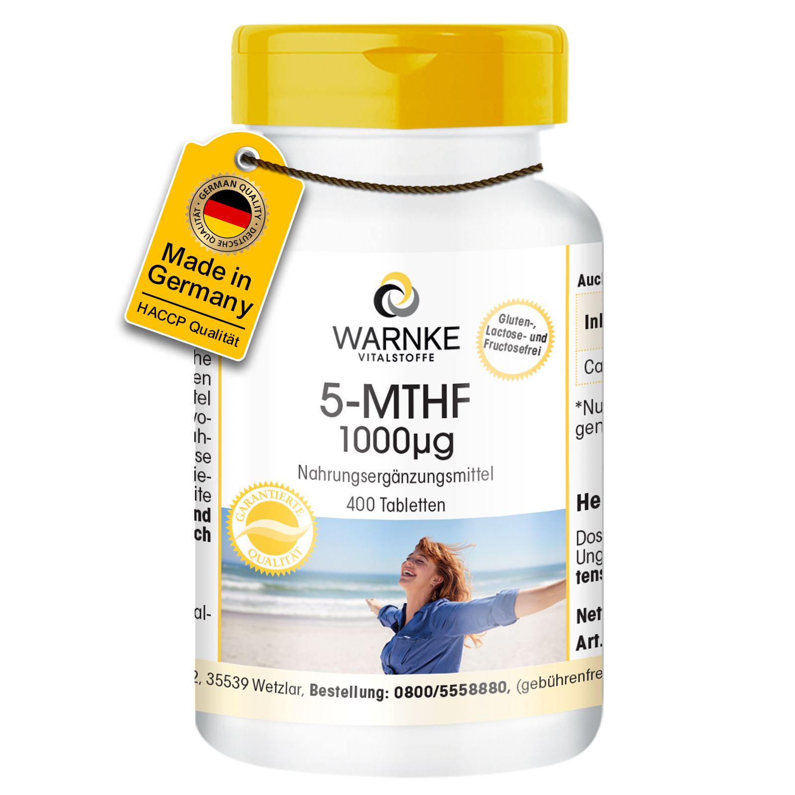 Weißes Pillenglas mit gelbem Deckel und Etikett. Aufschrift: WARNKE, 5-MTHF 1000µg, Nahrungsergänzungsmittel, 400 Tabletten. Siegel.