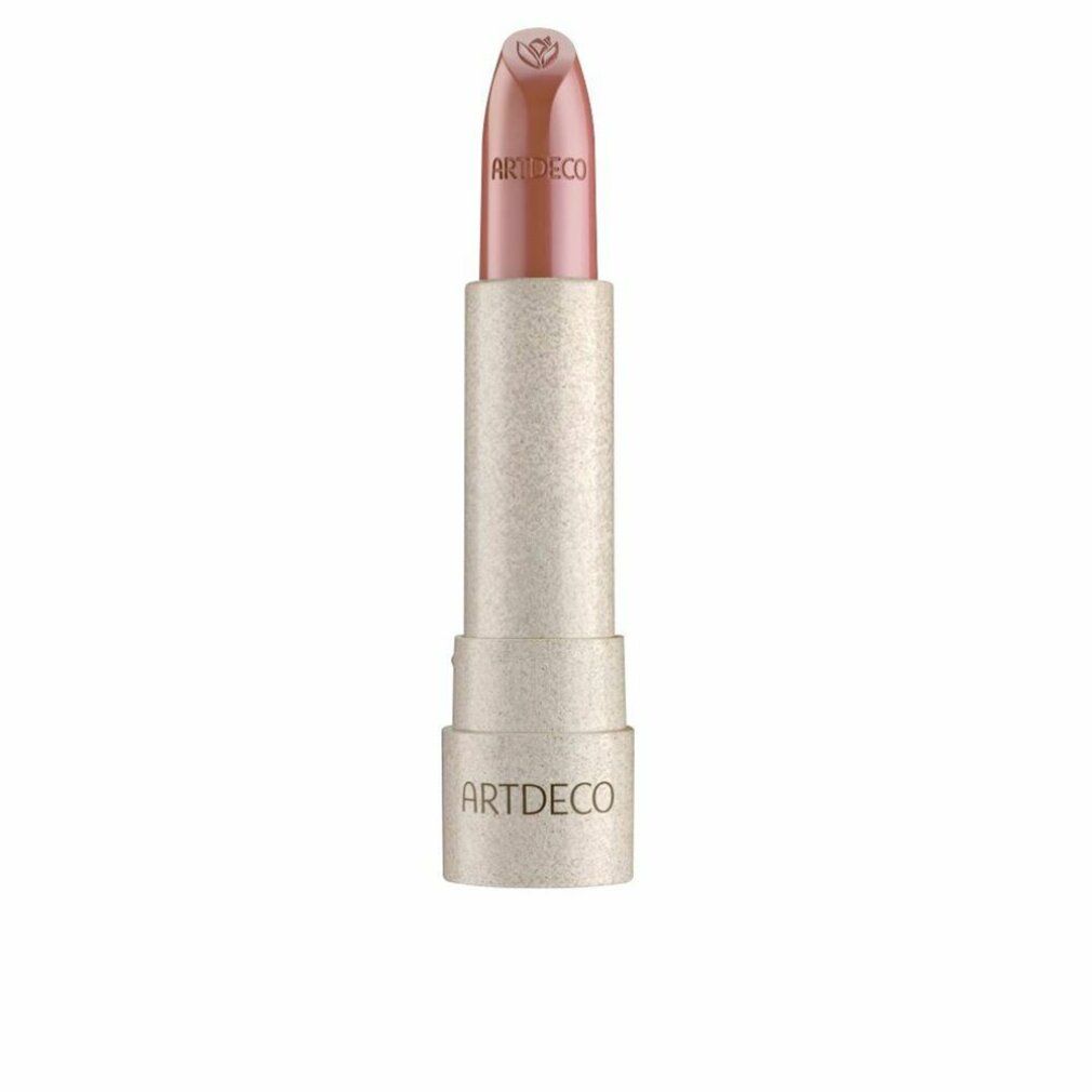 Lippenstift mit beiger Hülse. Auf dem Lippenstift steht ARTDECO. Der Lippenstift ist hellbraun.