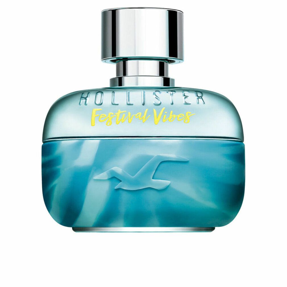 Hollister Festival Vibes Him Eau De Toilette Spray. Türkis-farbener Flakon mit silbernem Deckel. Logo und Schriftzug in Gelb.