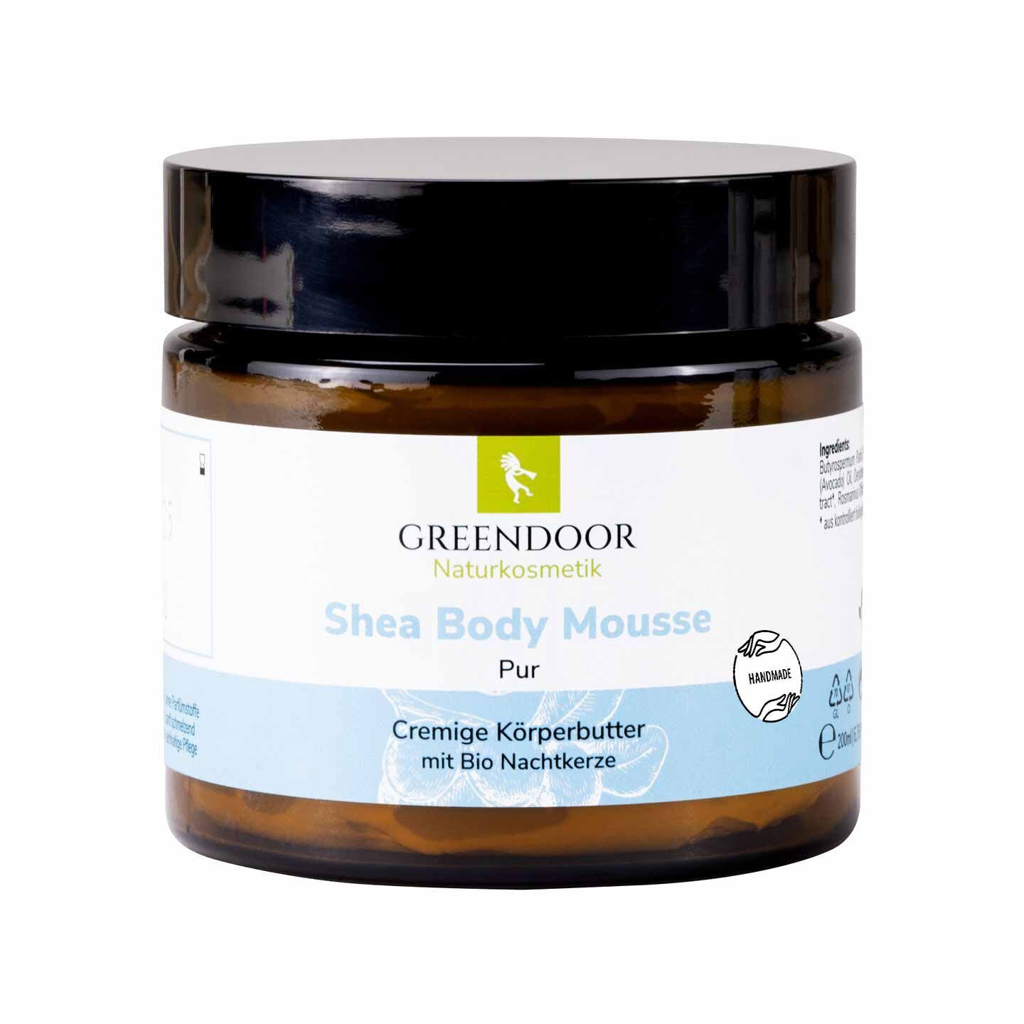 GREENDOOR Shea Body Mousse Pur in brauner Glasdose mit schwarzem Deckel. Cremige Körperbutter mit Bio Nachtkerze.