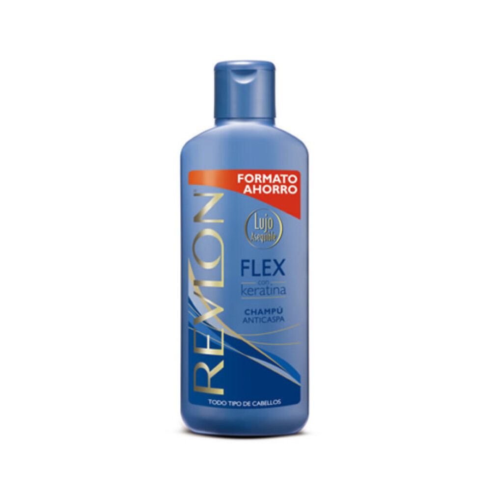 Revlon Flex Keratin Anti-Schuppen Shampoo in blauer Flasche.