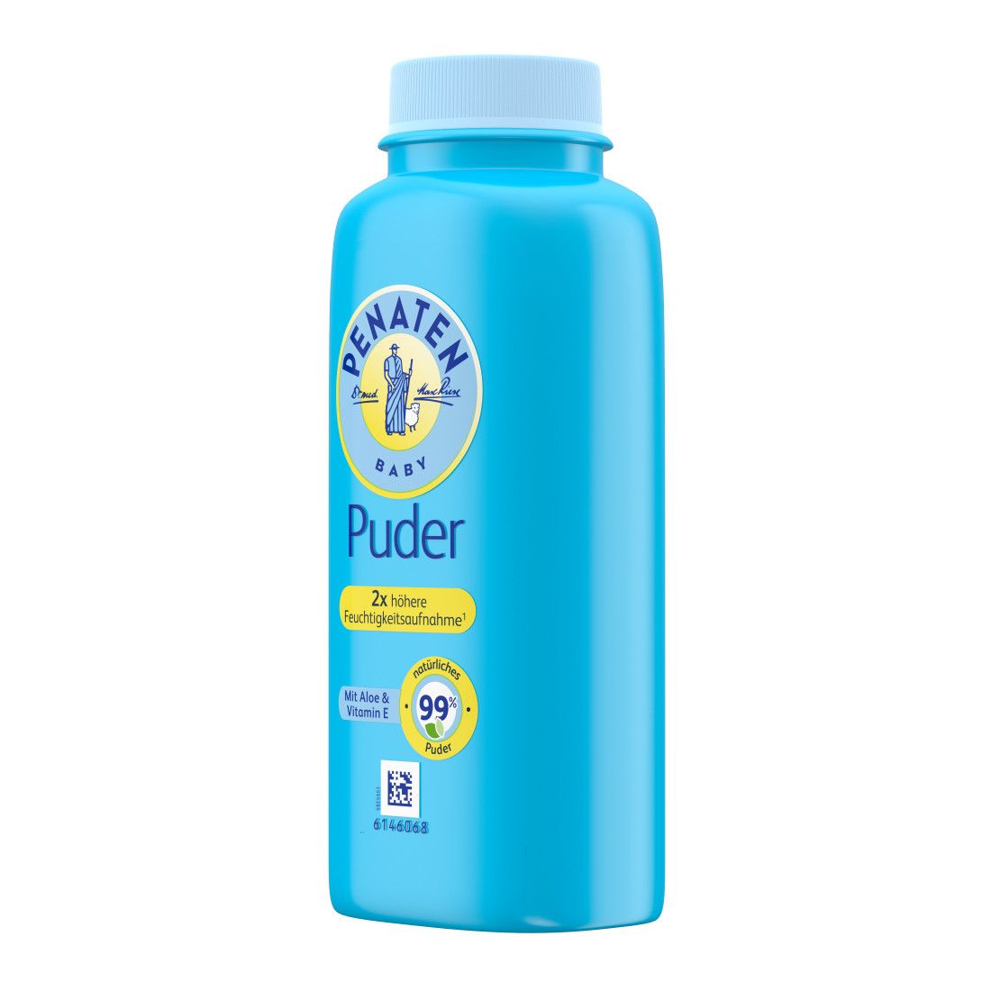 Hellblaue Flasche Penaten Baby Puder. Weißer Deckel. Gelbe Schrift: Puder, 2x höhere Feuchtigkeitsaufnahme. Mit Aloe & Vitamin E.