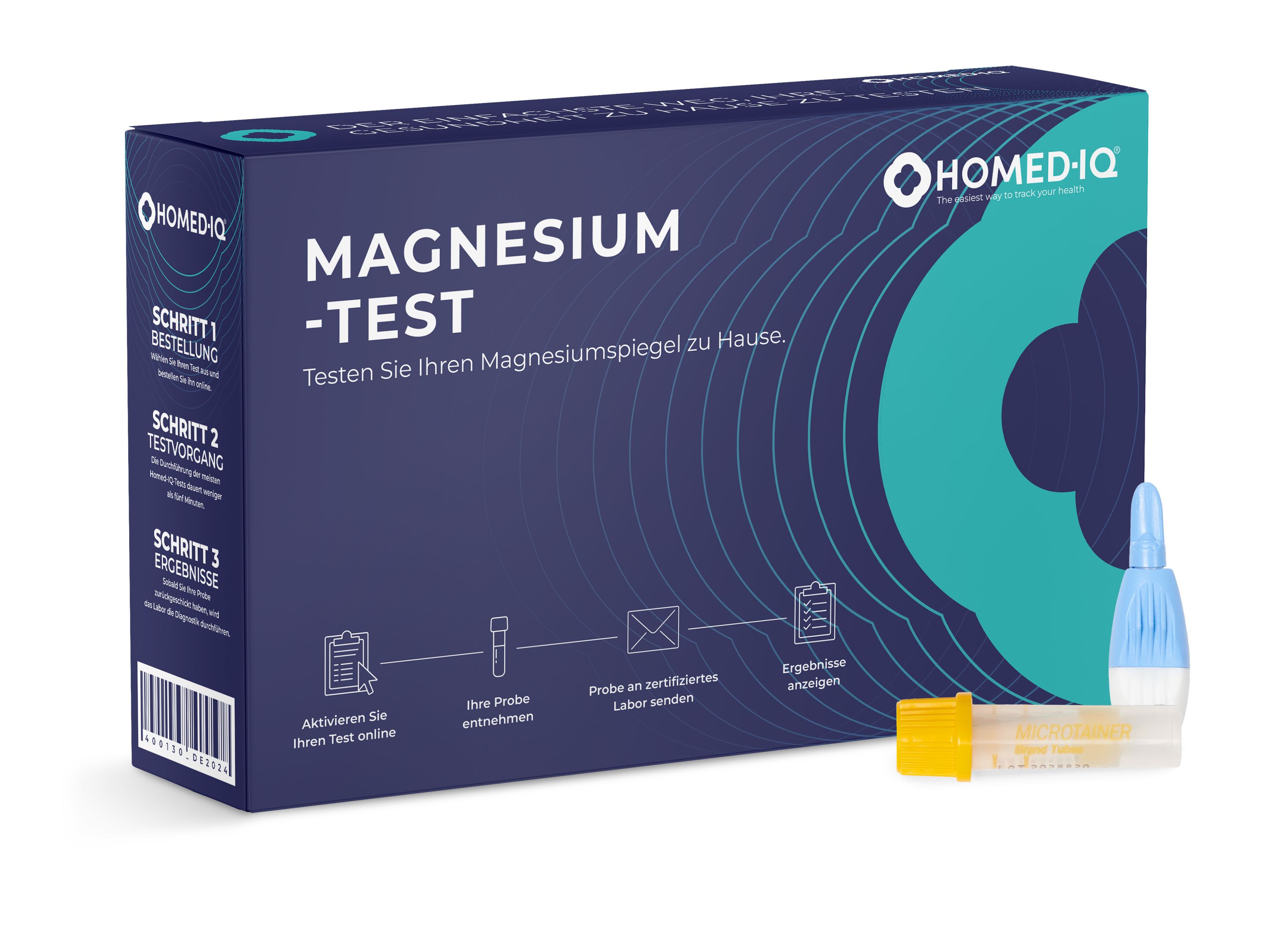 Homed-IQ Magnesium-Test-Kit. Blaue Schachtel mit Text und Logo. Enthält Teströhrchen und Pipette.