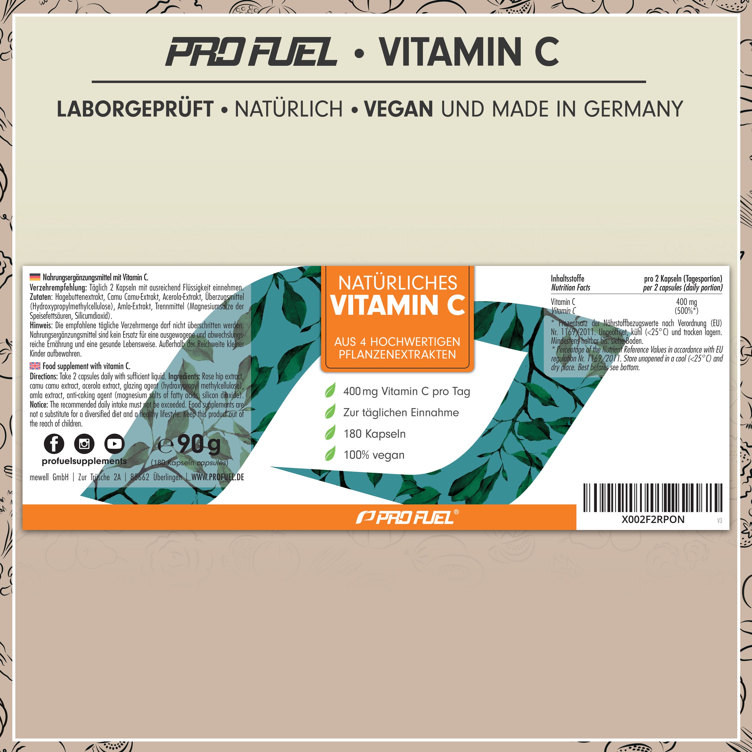 Produktetikett. Aufschrift: Natürliches Vitamin C. 180 Kapseln. 100% vegan. Marke: ProFuel. Laborgeprüft.