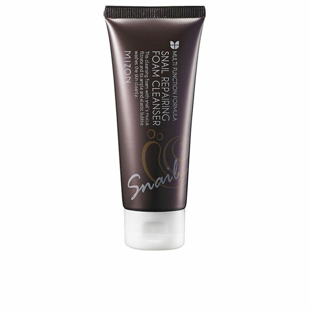 Braune Tube mit weißem Verschluss. Aufschrift: MIZON Snail Repairing Foam Cleanser. Text und Schnecken-Illustration.