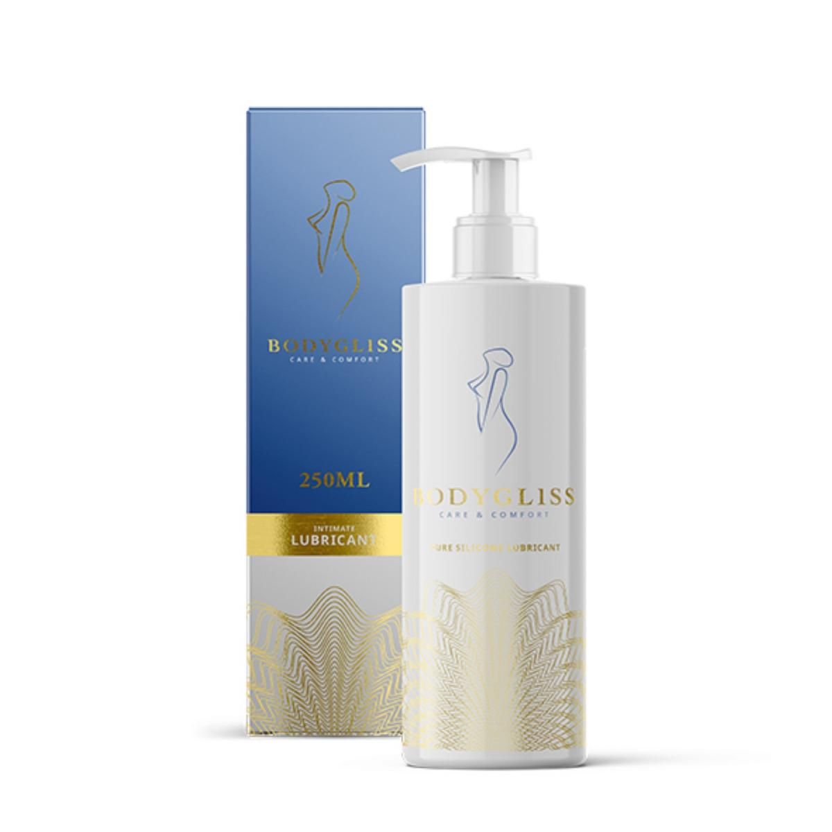 Weiße Flasche mit Pumpe und blauer Verpackung. Aufschrift: BodyGliss Care & Comfort. Goldene Verzierungen und Logo. 250ml.