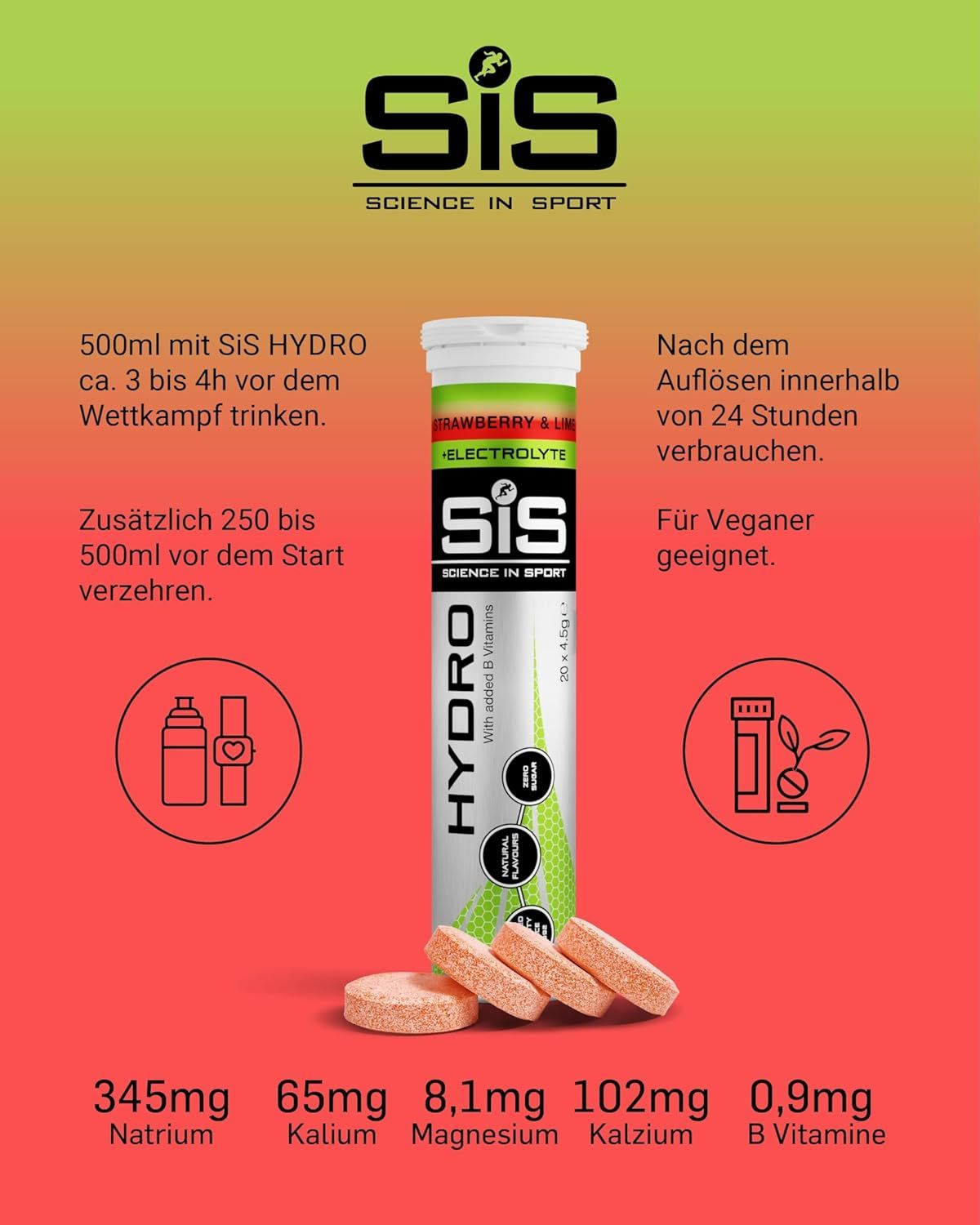 Hydro Tabletten Erdbeere & Limette. Tube mit 20 Tabletten. 3 Tabletten liegen daneben. Aufschrift: SIS Science in Sport.