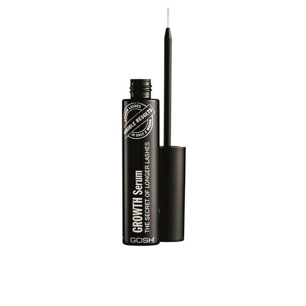 Schwarze Flasche mit Applikator. Aufschrift: Growth Serum, The Secret of Longer Lashes. Marke: GOSH. Sichtbare Ergebnisse in 2 Wochen.