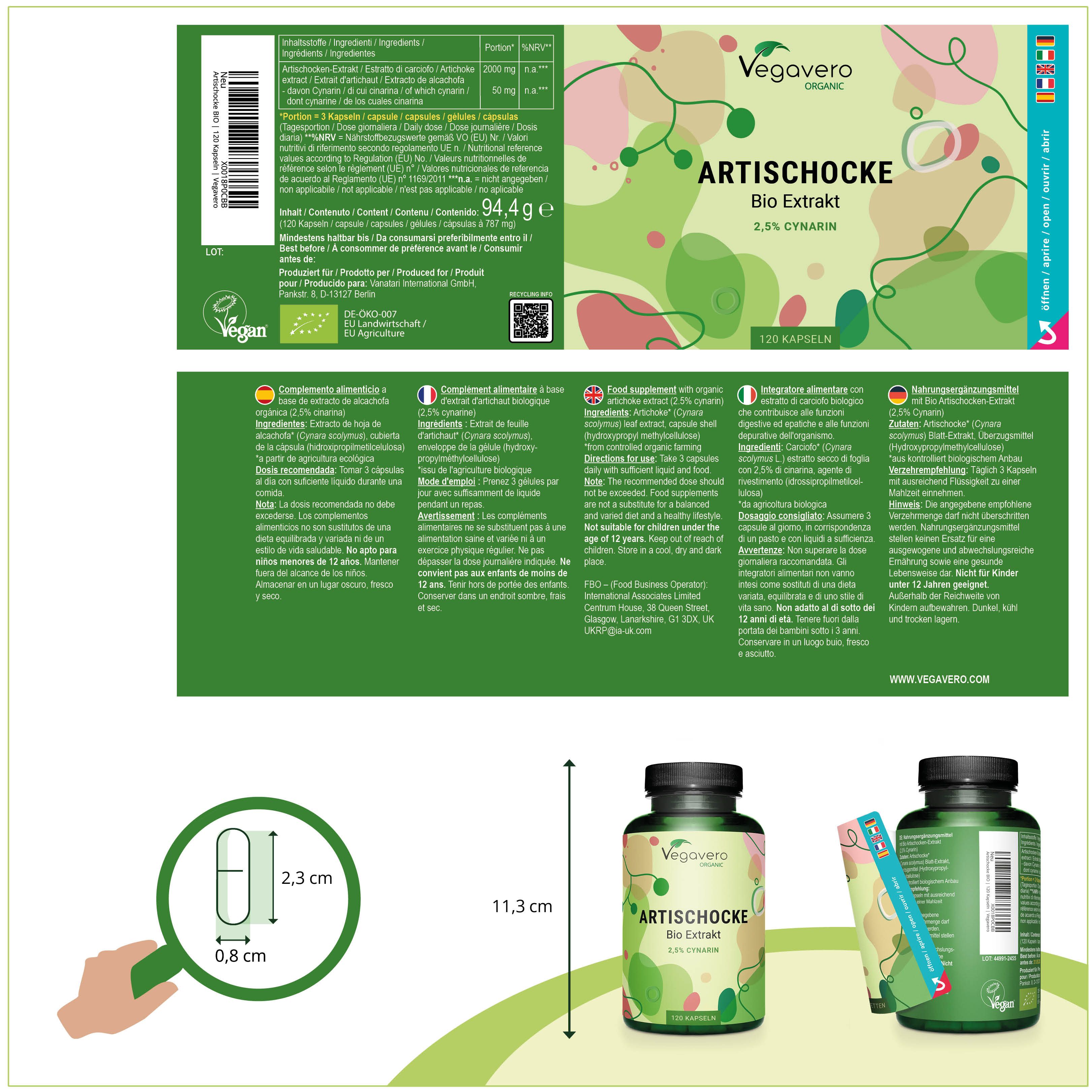 Produktverpackung mit Etiketten. Enthält Informationen zu Inhaltsstoffen und Nährwerten. Maße der Kapsel: 2,3 x 0,8 cm. Flasche: 11,3 cm hoch.