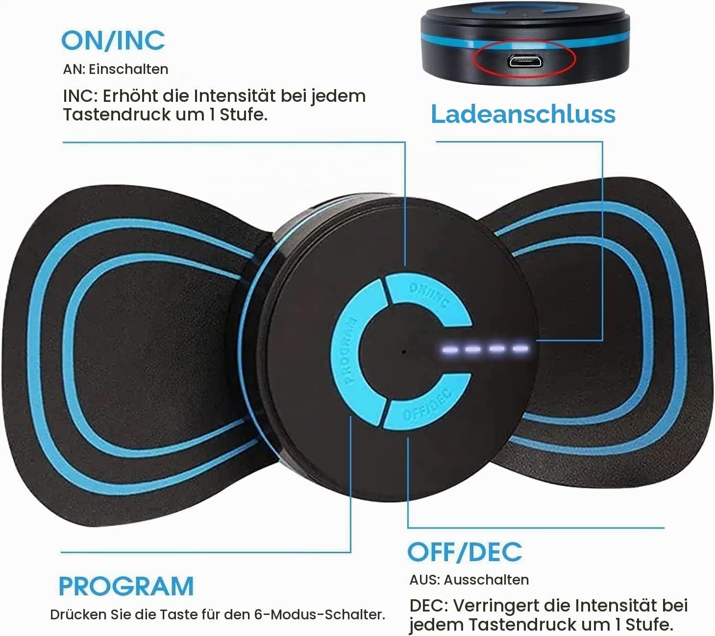 Detailansicht eines Massagegeräts mit blauen Linien und Tasten für Programm, Ein/Aus und Intensität.